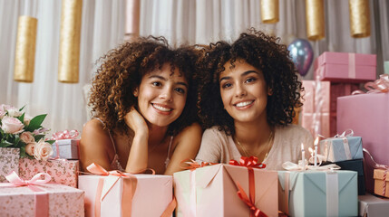 two smiling women celebrating with birthday gifts