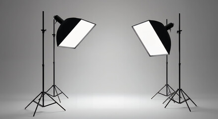 Professional photo studio setup with two softbox lights on stands against a clean gray backdrop.