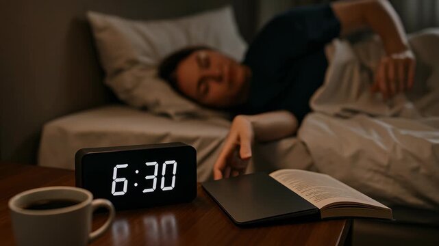 Sleep work productivity. Person reaches out hand to turn off digital alarm clock 630 bed with coffee and book nearby dimly lit room feeling sleepy morning