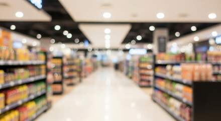 Abstract blurred background of a modern supermarket aisle with products on shelves. Defocused retail store interior with bright bokeh lights.