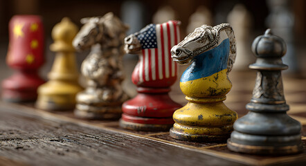 Miniature flags of china, united states, ukraine, and russia on a chessboard representing global strategy.