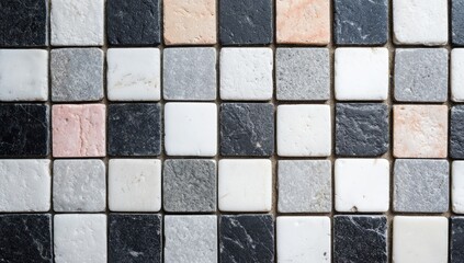 Square mosaic tile arrangement, textured surface with varied gray, white, black, and hints of pink creating a neutral pattern