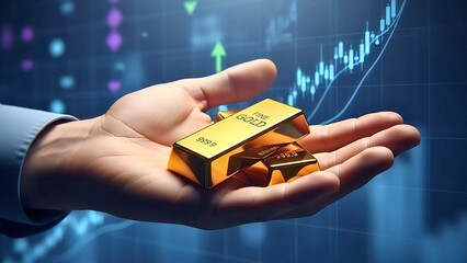 Investor holding gold bullion bars for wealth management and profit, with a rising financial market graph showing successful returns.