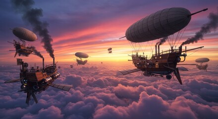 Steampunk Airships at Sunset: A Fantasy Flight Above Clouds