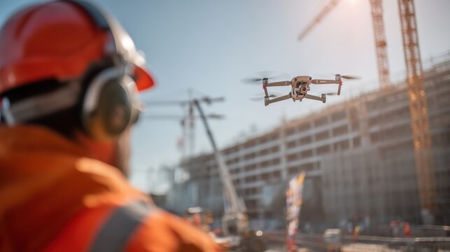 Construction drone flyover urban site photography daytime close-up innovative technology