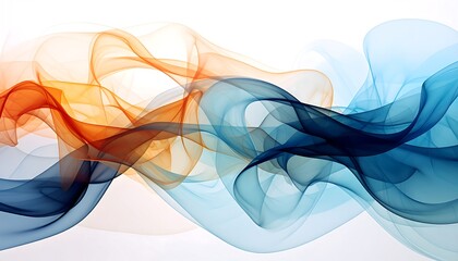 Abstract flowing waves of translucent orange, blue and teal colors on a white background