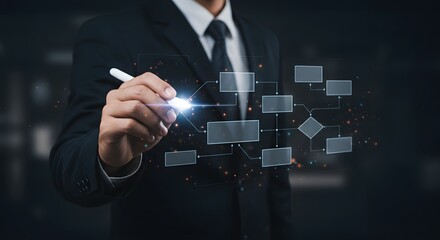 Business Process Visualization: A smartly dressed business professional, using a stylus to interact with a digitally projected business process diagram.
