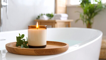 One aromatherapy candle placed on bath tray beside tub