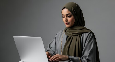 A woman in a hijab uses a laptop computer, working from home or in a quiet setting.