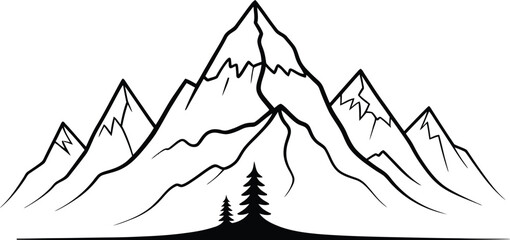 Stylized black and white sketch of majestic mountain range with pine trees