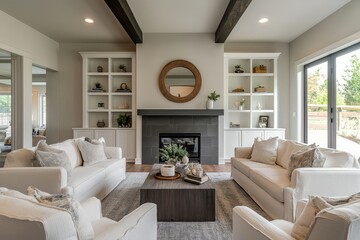 Modern farmhouse living room with dark wood floors, white sofas, built-in shelves, grey accent wall, fireplace, and natural light