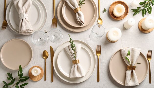 Elegant table setting with plates, golden cutlery, napkins, candles, and green sprigs, arranged on a white surface.