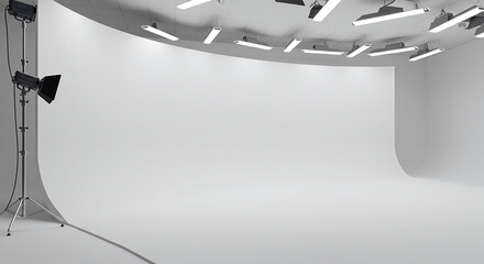 Empty modern photography studio with professional lighting equipment. A clean, spacious concept for video or photoshoot production on a white cyclorama background.
