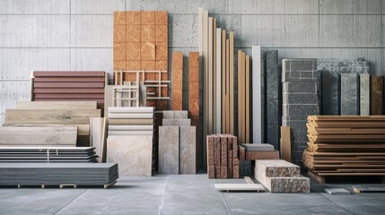 A variety of building materials and construction supplies arranged in a warehouse setting.