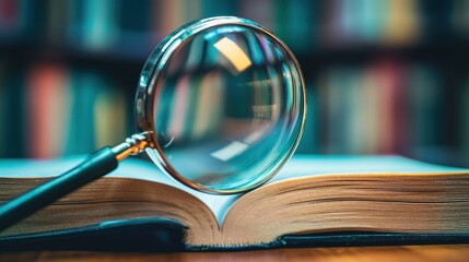 A magnifying glass resting on an open book in a library setting.