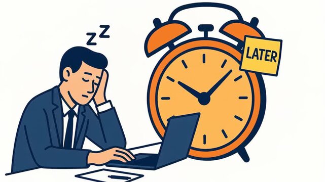 Sleep work productivity. Tired businessman in suit sleeping at laptop with large orange alarm clock showing procrastination and delay concept at desk