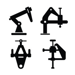 Naklejka premium Tools & DIY Equipment Silhouettes – Clamp and Vise Icon Set for Workshop and Construction Isolated on White Background