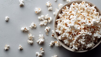 Popcorn overflowing from a beige bowl, scattered across a smooth gray surface, casting soft shadows. Close-up view shows fluffy white kernels