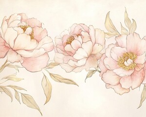 Delicate watercolor peony blooms with loose brushstrokes and gold ink embellishments are arranged in a vintage botanical border on cream paper.