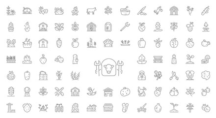 Line Art Collection of Farming and Agriculture Icons for Modern and Minimalist Designs featuring Fruits Vegetables and Farm Equipment