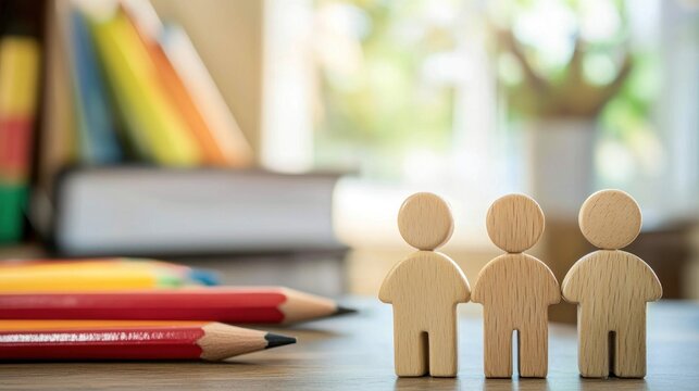 Three wooden figures of people standing on a wooden table with a stack of books and colored pencils in the background.