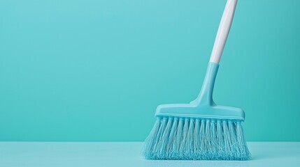 A blue and white broom with a handle on a blue background.