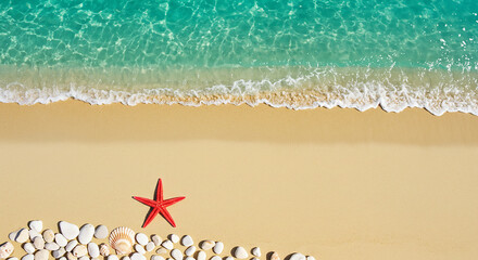 Naklejka premium Stunning turquoise ocean waves gently lapping golden sand beach with vibrant starfish and seashells, perfect for summer vacation vibes