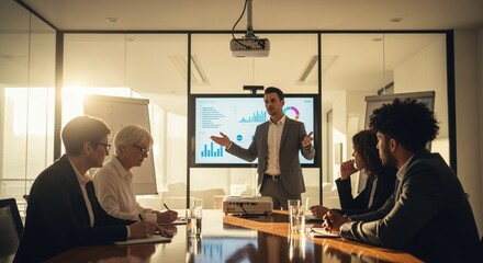 A diverse team listens attentively as a confident presenter delivers a compelling presentation with data visualizations on a large screen in a modern setting.
