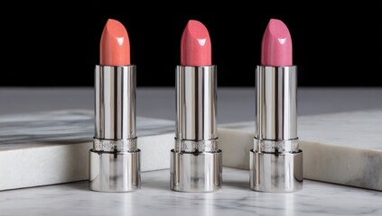 Obraz premium Three lipsticks in silver tubes, peach, coral, and pink, displayed on a white marble surface with a dark background