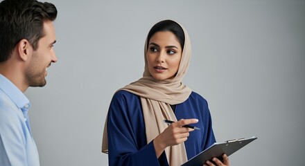 A woman in a hijab listens attentively as a man explains something to her during a business meeting.
