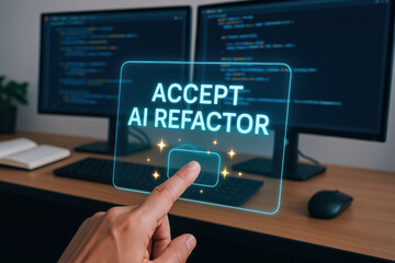 AI software developer collaboration concept with hand pressing accept button for AI refactor on digital screen in office
