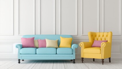A living room with a light blue sofa and a bright yellow wingback chair.