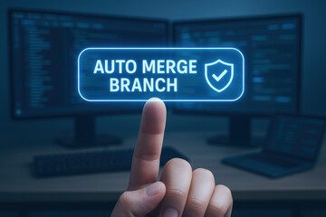 Auto merge branch concept with developer finger pointing on software screen symbolizing collaboration in programming and coding environment