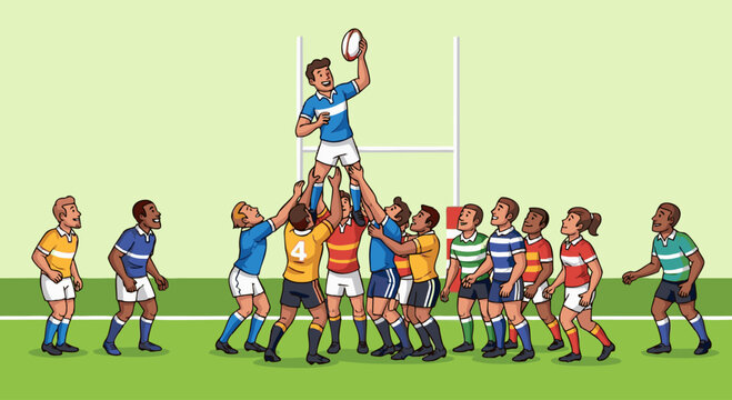 Cartoon Rugby Players in a Lineout, Diverse Team, Holding the Player with Ball