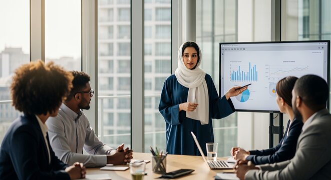 A businesswoman in a hijab confidently presents a financial report to a diverse team during a modern meeting.