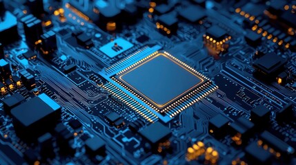 A glowing blue circuit board with a central processor chip illuminated by golden light, surrounded by intricate electronic components and wires.