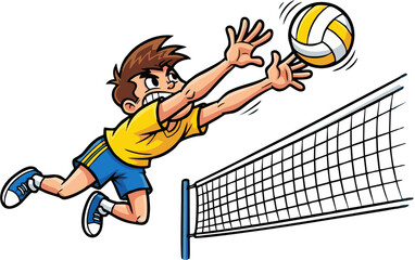 Cartoon Volleyball Player Spiking Ball Over Net with Determined Expression