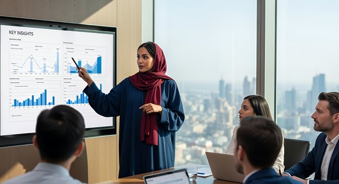 A businesswoman in a hijab confidently presents key insights and financial data to a diverse team during a modern meeting.
