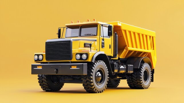 A yellow dump truck on a yellow background. The vehicle concept of heavy-duty transport. The image emphasizes the robustness and functionality of the vehicle.