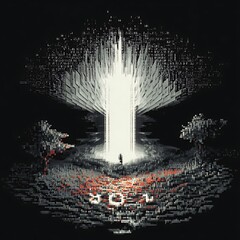 Figure at Bright Light in Dark Pixelated Landscape