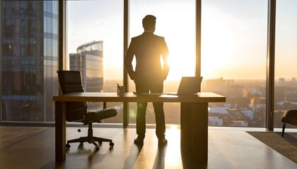 A businessman stands silhouetted at a large office window overlooking a cityscape at sunrise