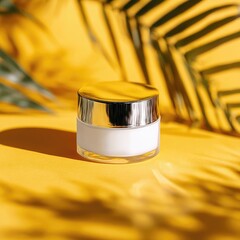 A sleek, white cream jar with a silver lid sits on a vibrant yellow surface, partially obscured by palm fronds casting shadows