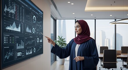 A businesswoman in a hijab analyzes financial data displayed on a large screen in a modern .
