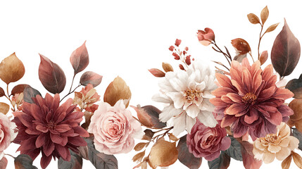 Watercolor Blush Pink Roses and Burgundy Dahlias Floral Arrangement, PNG
