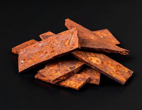 A pile of rusty, rectangular metal pieces on a dark surface