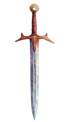 A watercolor illustration of a sword with a red and gold hilt on a white isolated background