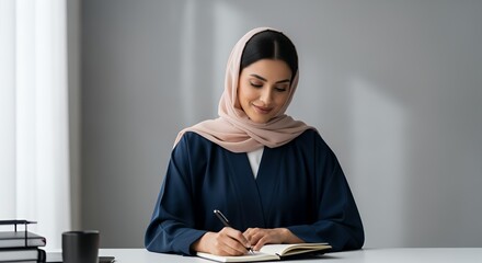 A Muslim woman in a hijab thoughtfully writes in her notebook at a desk, showcasing focus and contemplation.