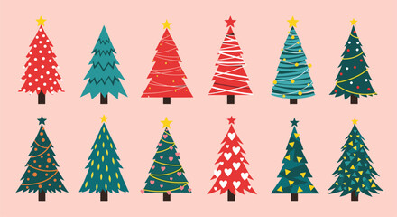 Obraz premium A Whimsical Collection of Ten Decorated Christmas Trees in Various Festive Patterns and Colors on a Soft Pink Background