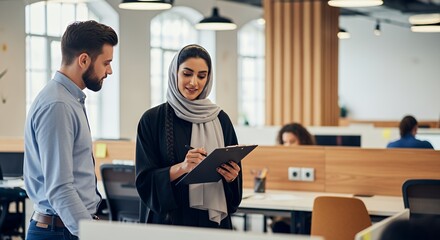 A man and a woman in a hijab collaborate on a project, reviewing documents together in a modern, open-plan .