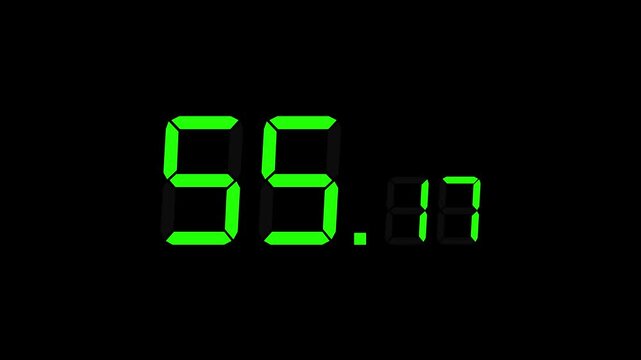 60.00 seconds (1 minute) digital countdown timer with large seconds and small milliseconds. Matte green digits on black background. Stopwatch-style timer for sports, games, and more.